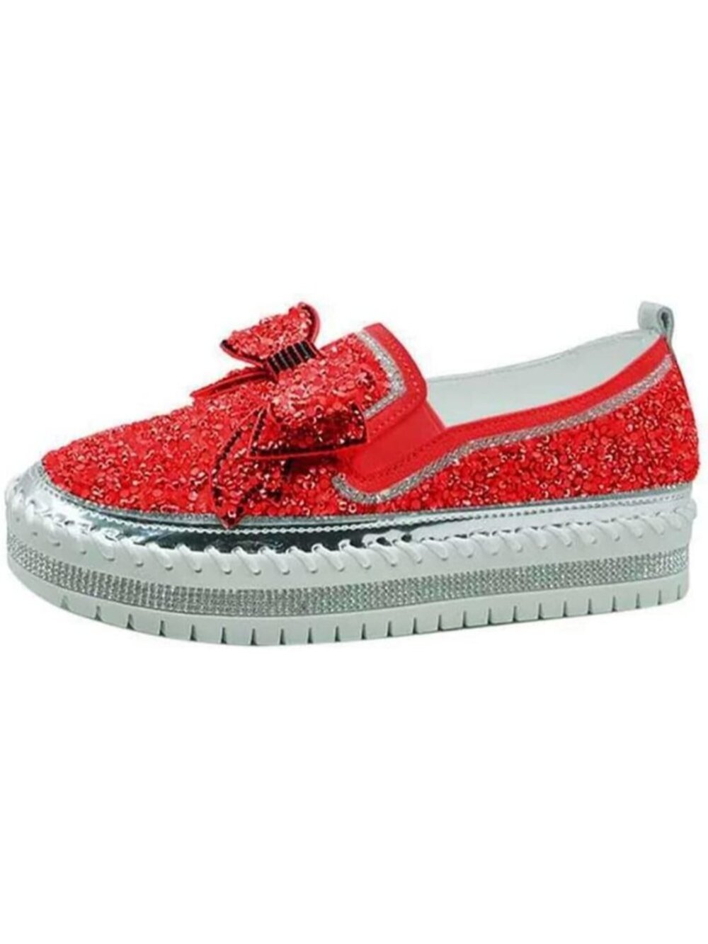 Women's Red Rhinestones Glitter Fashion Bowknot Casual Walking Flat Sneakers